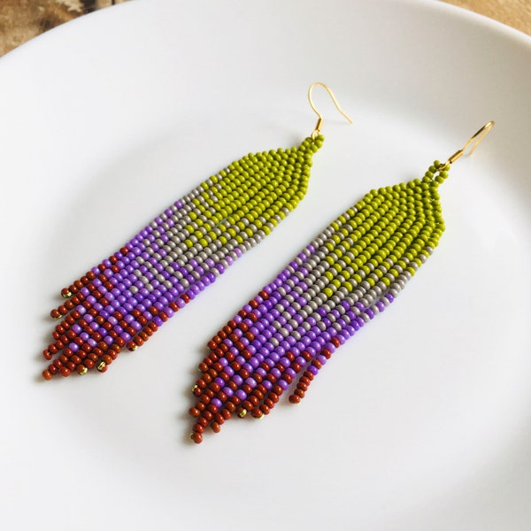Olive green seed bead earrings in tribal style, Gradient pageant fringe bead earrings, Nature, forest earrings