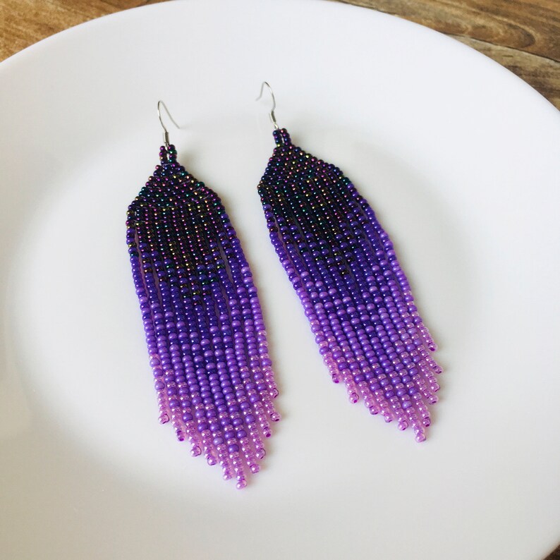 Purple seed bead earrings, Extra long lavender ombre earrings in tribal style, Gradient earrings image 4