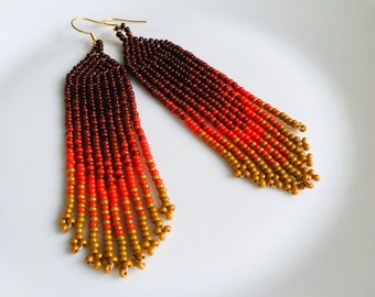 Brown red beaded earrings with fringe, Bohemian long seed bead earrings, Artisan Halloween earrings