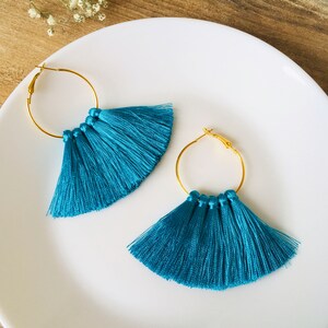 Turquoise blue tassel hoop earrings, Long fringe earrings, Bright congo earrings with tassels, Bohemian long earrings