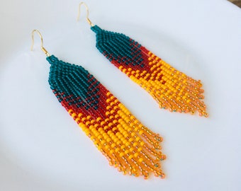 Christmas ombre seed bead earrings, Fall winter waterfall fringe bead earrings, Pageant handwoven earrings