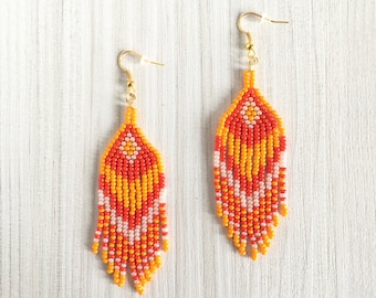 Orange red beaded earrings, Halloween seed bead earrings with fringe, Bohemian waterfall earrings