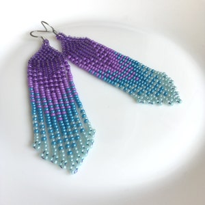 Lavender sky blue ombre seed bead earrings, Waterfall fringe bead earrings, Beaded handwoven earrings, Trendy gradient earrings image 10