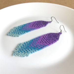 Lavender sky blue ombre seed bead earrings, Waterfall fringe bead earrings, Beaded handwoven earrings, Trendy gradient earrings image 8