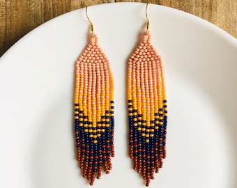 Long beige blue seed bead earrings with fringe, Statement gradient beaded earrings, Bright tribal earrings