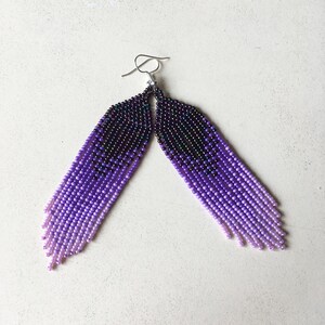 Purple seed bead earrings, Extra long lavender ombre earrings in tribal style, Gradient earrings image 10