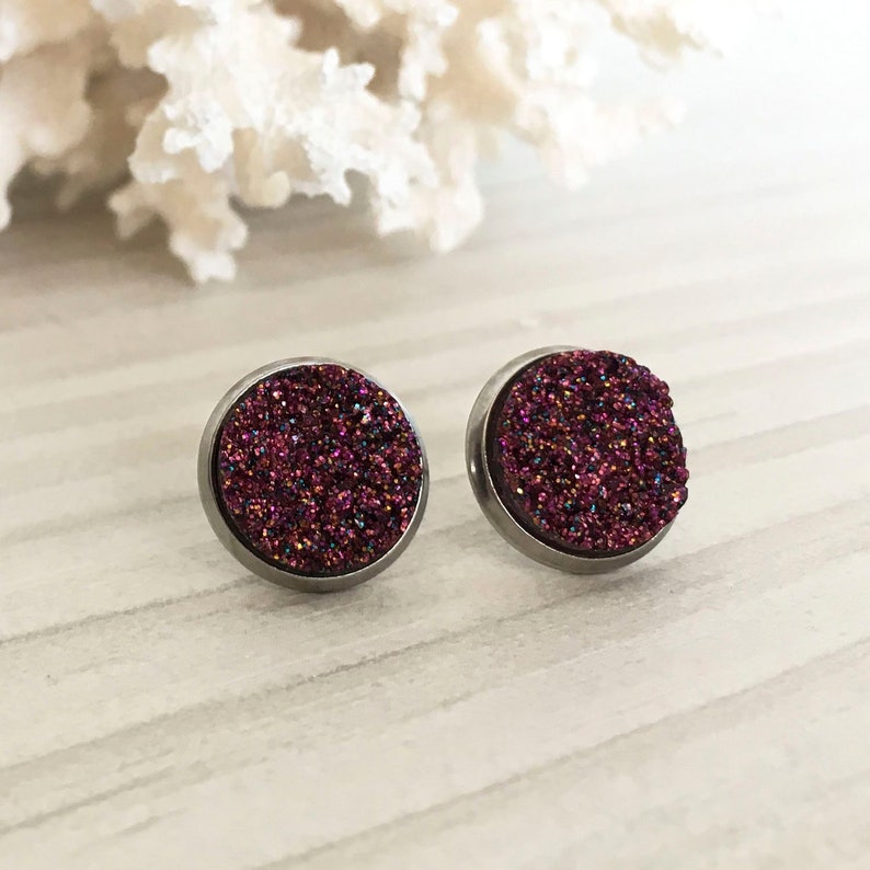 bridesmaid gift red stud earrings Burgundy druzy earrings