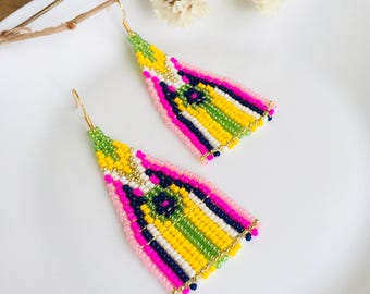 Seed Bead Fringe Earrings – Long Boho Statement Jewelry – Colorful Geometric Festival Dangle