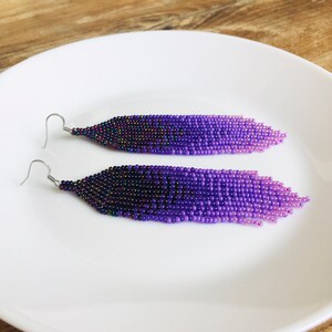 Purple seed bead earrings, Extra long lavender ombre earrings in tribal style, Gradient earrings image 6