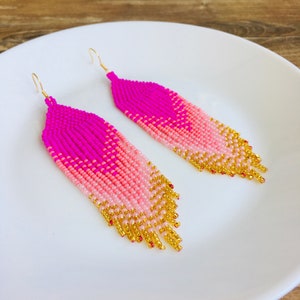 Fuschia seed bead earrings, Long fringe ombre earrings, Hot pink ethnic earrings, Magenta peach earrings