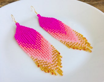 Fuschia seed bead earrings, Long fringe ombre earrings, Hot pink ethnic earrings, Magenta peach earrings