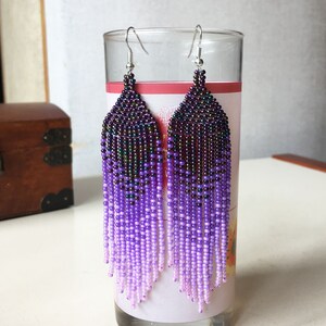 Purple seed bead earrings, Extra long lavender ombre earrings in tribal style, Gradient earrings image 3