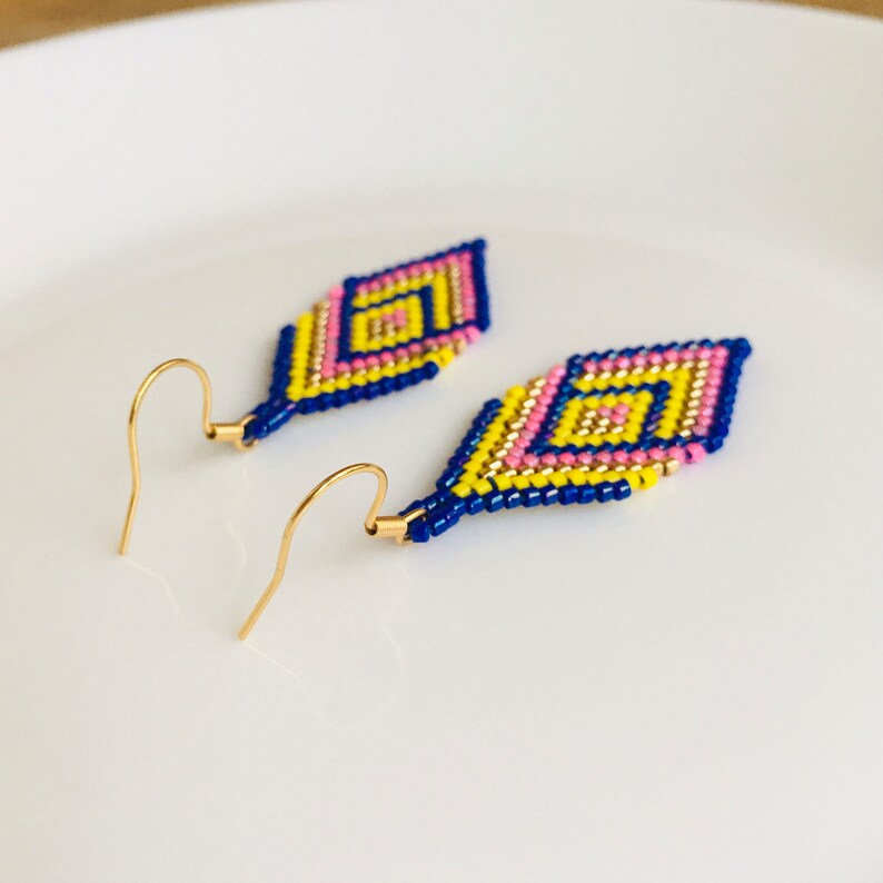 Miyuki beaded earrings in blue/yellow, Geometric brick stitch earrings, Rhombus seed bead earrings image 8