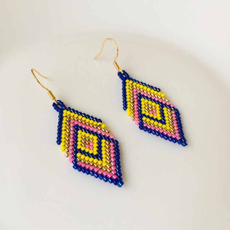 Miyuki beaded earrings in blue/yellow, Geometric brick stitch earrings, Rhombus seed bead earrings image 4