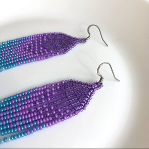 Lavender sky blue ombre seed bead earrings, Waterfall fringe bead earrings, Beaded handwoven earrings, Trendy gradient earrings image 9