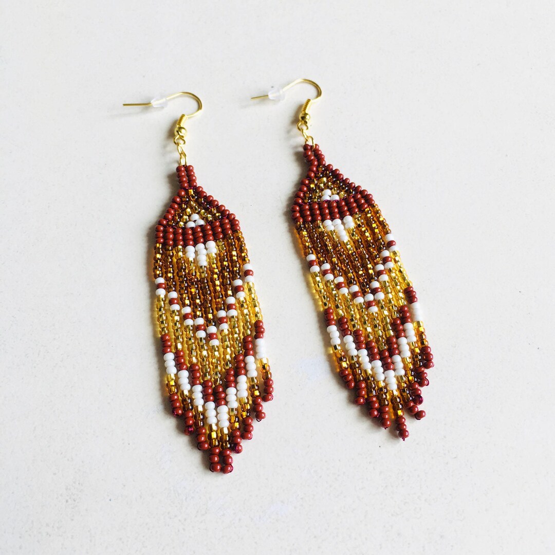 Long Brown Seed Bead Earrings - Shiny Beaded Fringe Earrings - Ethnic ...