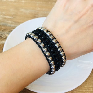 Black silver wrap around beaded bracelet, Gothic statement leather bracelet, Halloween multi strand bracelet