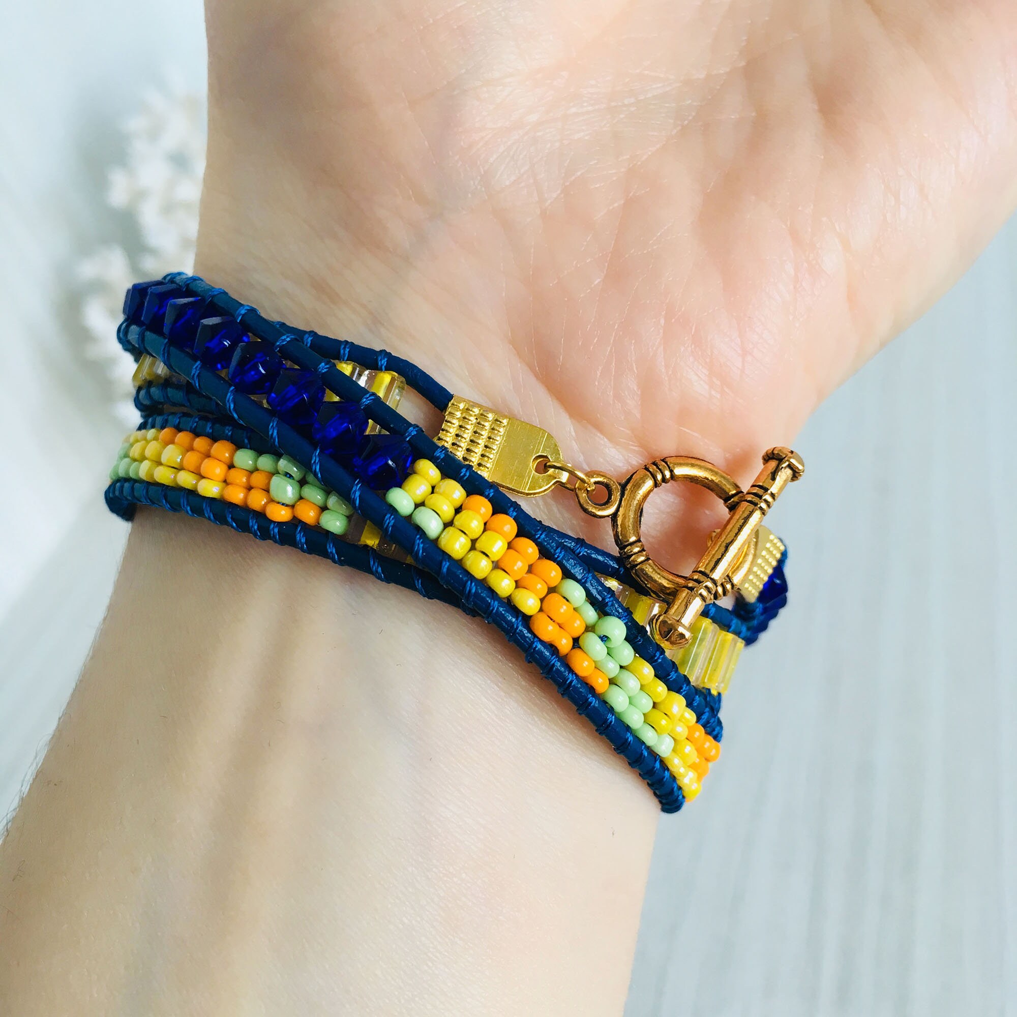 Royal blue beaded wrap bracelet Funky leather bracelet Seed Etsy