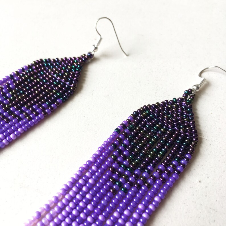 Purple seed bead earrings, Extra long lavender ombre earrings in tribal style, Gradient earrings image 8