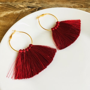 Red tassel earrings | Extra long fringe earrings | Hoop macrame earrings | Evening tassle earrings