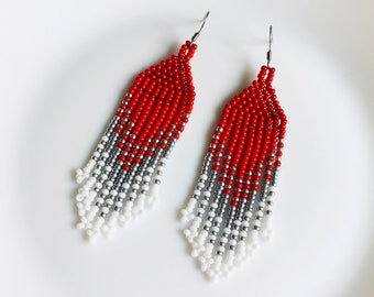 Red silver beaded earrings with fringe, Bohemian seed bead earrings, Waterfall Christmas earrings