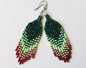 Christmas beaded earrings with fringe, Gradient green red seed bead earrings, Bright waterfall earrings