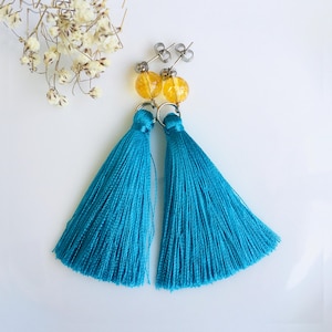 Azure blue tassel earrings with citrine, Silk turquoise blue fringe earrings, Long cyan dangle earrings with tassels