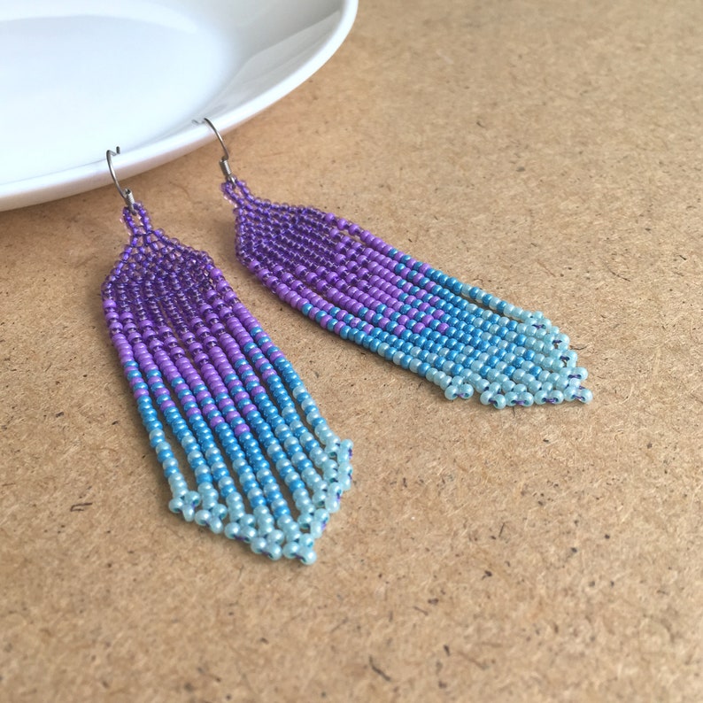 Lavender sky blue ombre seed bead earrings, Waterfall fringe bead earrings, Beaded handwoven earrings, Trendy gradient earrings image 3