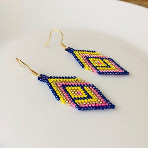 Miyuki beaded earrings in blue/yellow, Geometric brick stitch earrings, Rhombus seed bead earrings image 5