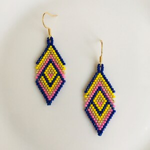 Miyuki beaded earrings in blue/yellow, Geometric brick stitch earrings, Rhombus seed bead earrings image 6