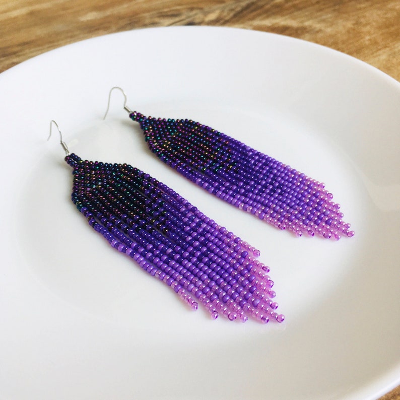 Purple seed bead earrings, Extra long lavender ombre earrings in tribal style, Gradient earrings image 1