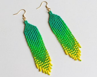 Green yellow seed bead earrings, Summer handwoven fringe bead earrings, Ethnic gradient earrings, Beaded jewelry