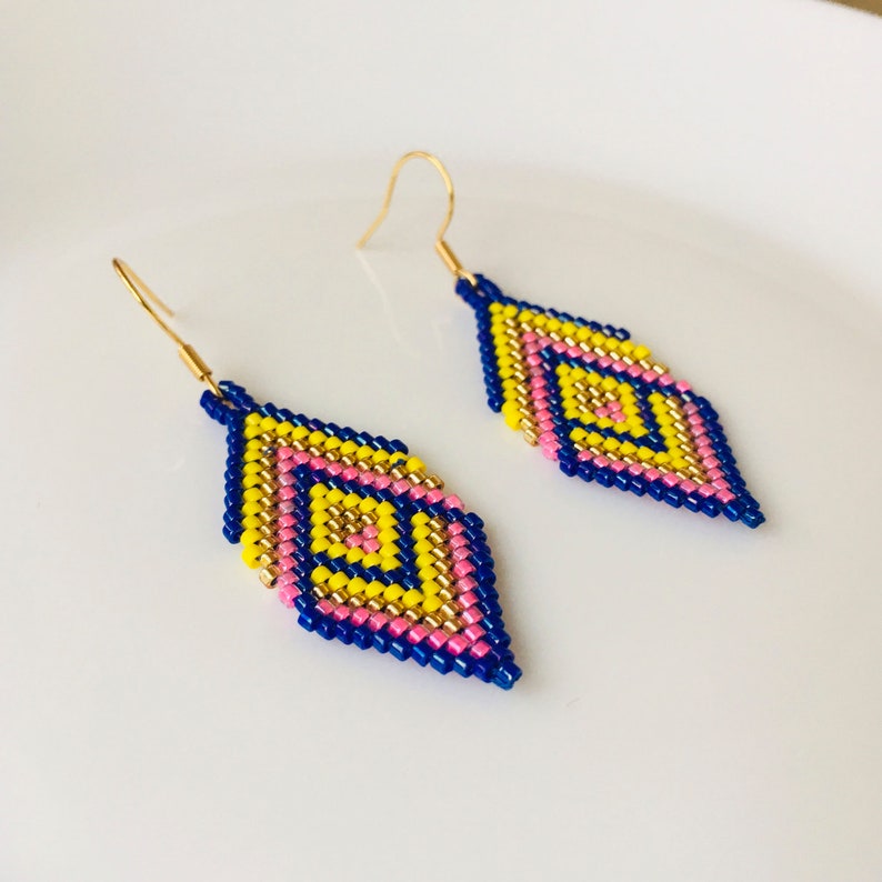 Miyuki beaded earrings in blue/yellow, Geometric brick stitch earrings, Rhombus seed bead earrings image 3