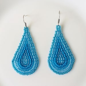 Light Blue Seed Bead Earrings – Long Teardrop Beaded Dangle, Boho Statement Earrings, Ethnic Style Jewelry