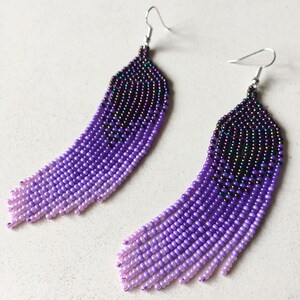 Purple seed bead earrings, Extra long lavender ombre earrings in tribal style, Gradient earrings image 5