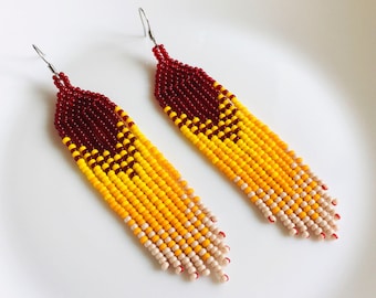 Fall red yellow gradient seed bead earrings, Waterfall long beaded earrings, Handwoven fringe bead earrings, Ukrainian jewelry