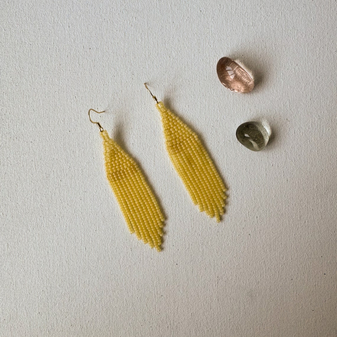Thread Earring Yellow Pastel Yellow Beaded Earrings With Fringe, Long Pale Yellow Seed Bead ...