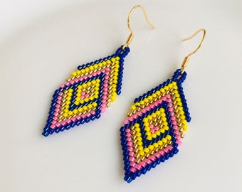 Miyuki beaded earrings in blue/yellow, Geometric brick stitch earrings, Rhombus seed bead earrings