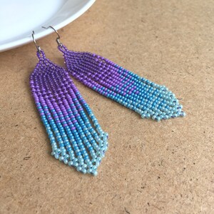 Lavender sky blue ombre seed bead earrings, Waterfall fringe bead earrings, Beaded handwoven earrings, Trendy gradient earrings image 2