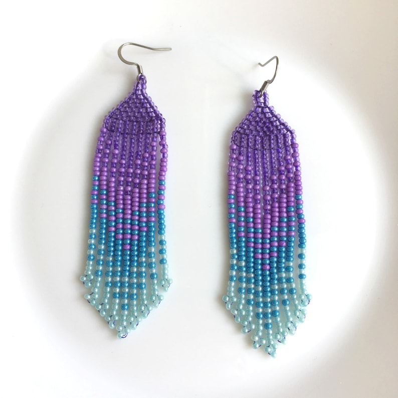 Lavender sky blue ombre seed bead earrings, Waterfall fringe bead earrings, Beaded handwoven earrings, Trendy gradient earrings image 7