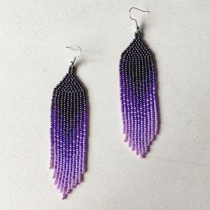 Purple seed bead earrings, Extra long lavender ombre earrings in tribal style, Gradient earrings image 9