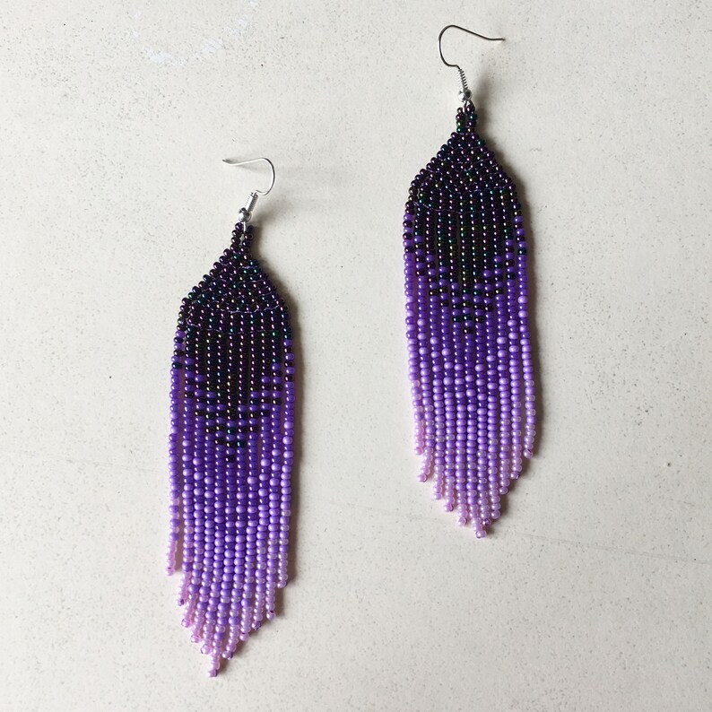 Purple seed bead earrings, Extra long lavender ombre earrings in tribal style, Gradient earrings image 9