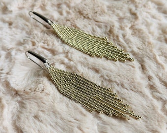 Silver beaded earrings with fringe, Shining long seed bead earrings, Luxury sparkle miyuki earrings