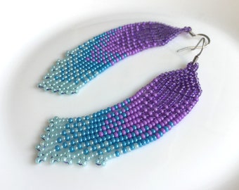 Lavender sky blue ombre seed bead earrings, Waterfall fringe bead earrings, Beaded handwoven earrings, Trendy gradient earrings