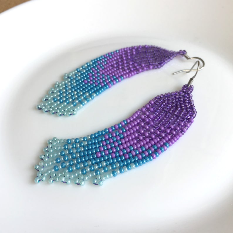 Lavender sky blue ombre seed bead earrings, Waterfall fringe bead earrings, Beaded handwoven earrings, Trendy gradient earrings image 1