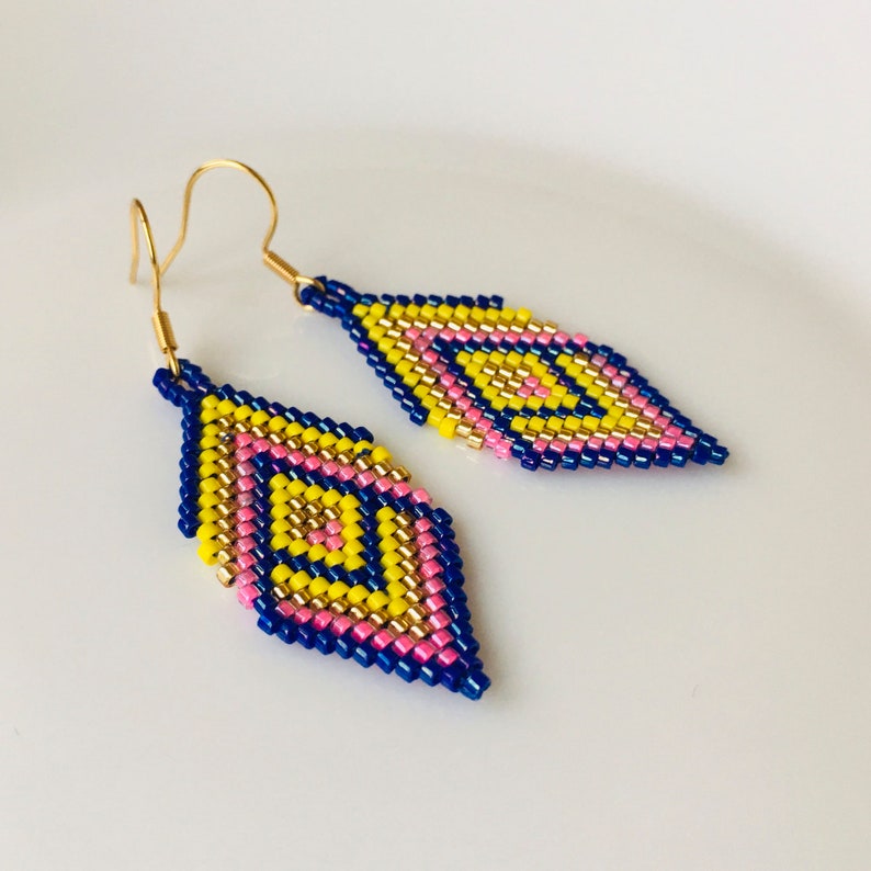 Miyuki beaded earrings in blue/yellow, Geometric brick stitch earrings, Rhombus seed bead earrings image 2