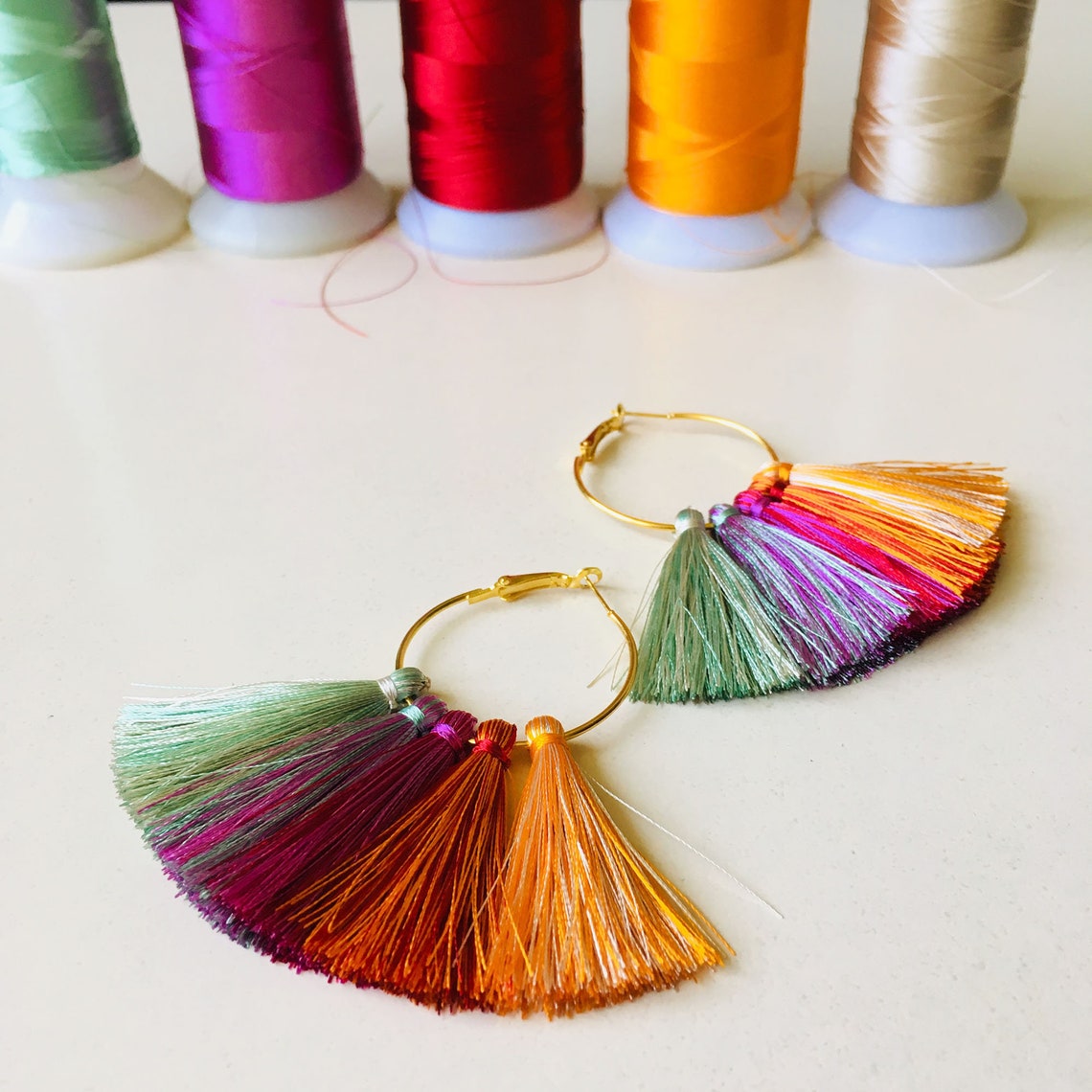Tassel Hoop Earrings Rainbow Fringe Earrings Multi Colored - Etsy