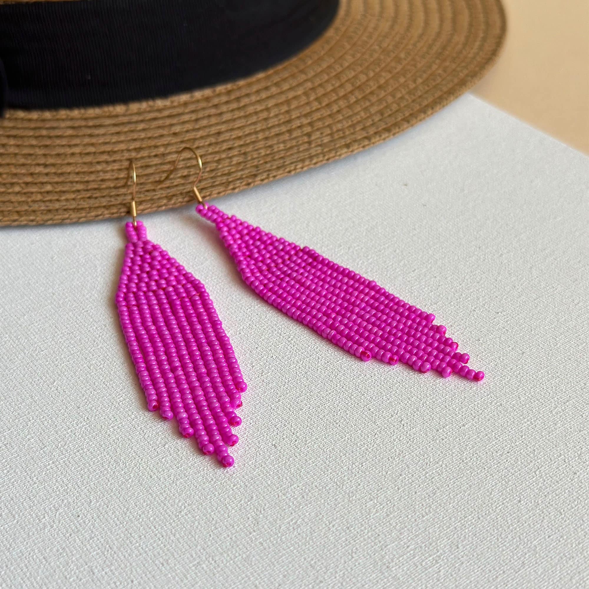Fuschia Beaded Earrings With Fringe, Neon Pink Tribal Seed Bead ...