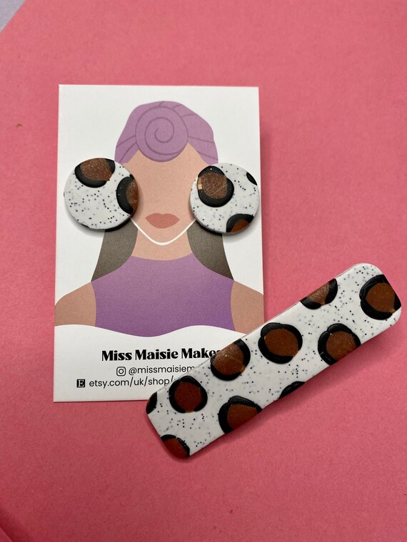 Matching earring and barrette hair clip set, earrings, hair clip, handmade accessories, polymer clay, leopard print, metallic