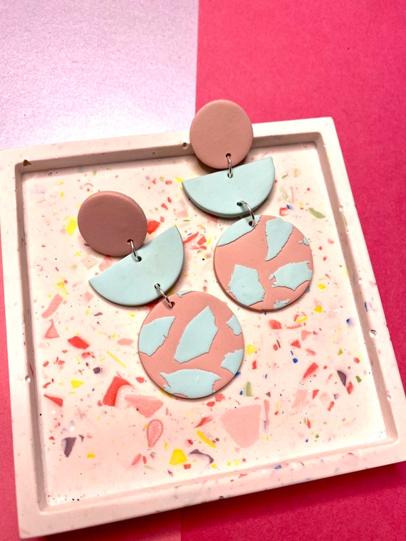 Pink and mint terrazo large dangle earrings, statement earrings, handmade clay earrings